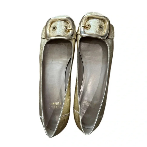 Stuart Weitzman Women's Gold Young Buck Peep Toe Leather Flats Size 7 1/2 GUC - Picture 1 of 12